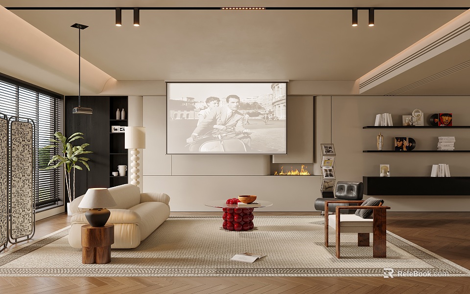 Modern Living Room Interior Design With Beige Sofa Red Coffee Table TV Wall And Fireplace 3d model 