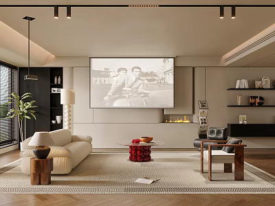 Modern Living Room Interior Design With Beige Sofa Red Coffee Table TV Wall And Fireplace 3d model