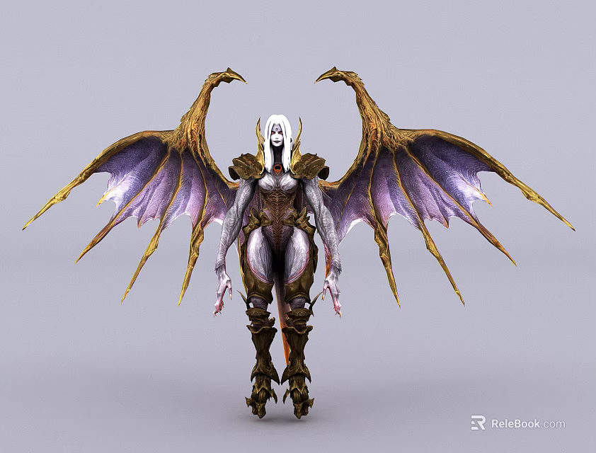 Fantasy Female Game Character With White Long Hair And Golden Purple Dragon Wings 3d model 
