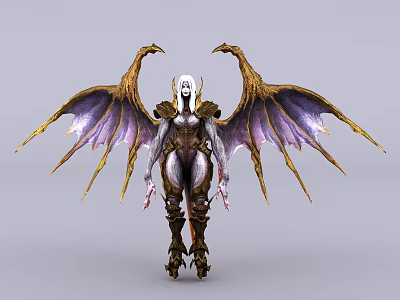 Fantasy Female Game Character With White Long Hair And Golden Purple Dragon Wings 3d model