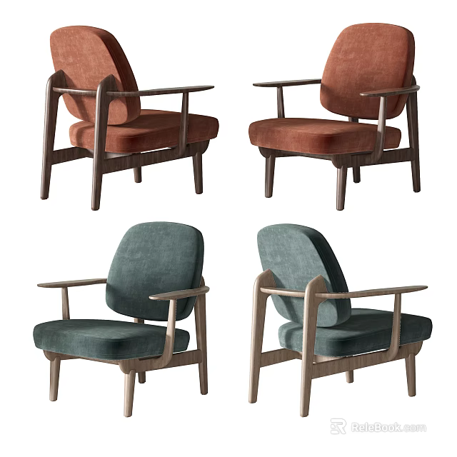 Modern Single Sofa Designs with Wooden Frame and Orange Green Upholstery 3d model 