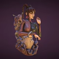 Woman With Horns Pigtails And Twisted Arm Accessories In Black Leather And Fishnet Stockings