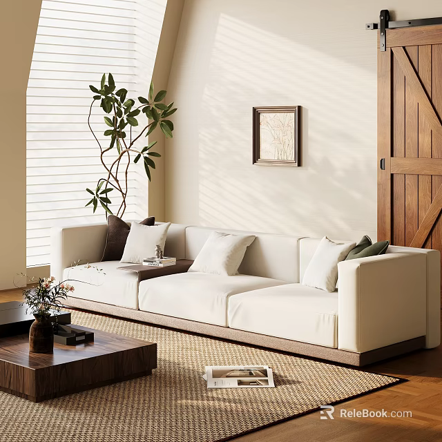 White Sectional Sofa In Minimalist Living Room With Potted Plant Wall Art And Coffee Table 3d model 