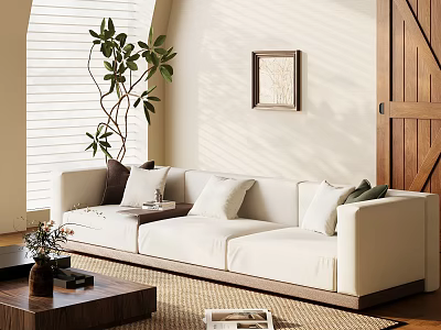 White Sectional Sofa In Minimalist Living Room With Potted Plant Wall Art And Coffee Table 3d model