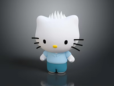 White Cat Shaped Doll with Spiky Hair Black Whiskers Yellow Nose and Blue Outfit 3d model