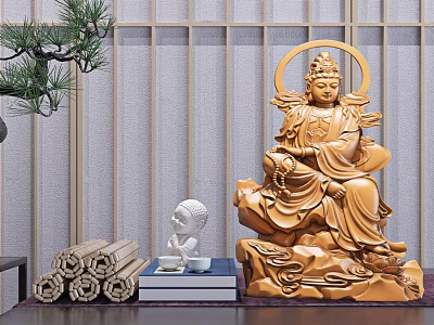 Hand Carved Wooden Guanyin Sculpture With Halo Sitting On Rock Base And Small Buddha Figure 3d model
