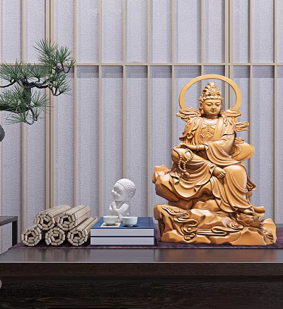 Hand Carved Wooden Guanyin Sculpture With Halo Sitting On Rock Base And Small Buddha Figure 3d model