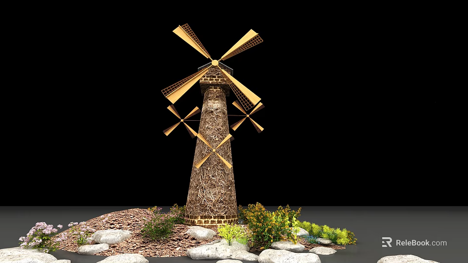 Wooden Windmill Structure With Rotating Blades Stone Base And Surrounding Green Plants 3d model 