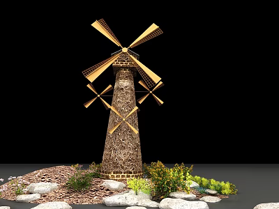 Wooden Windmill Structure With Rotating Blades Stone Base And Surrounding Green Plants 3d model