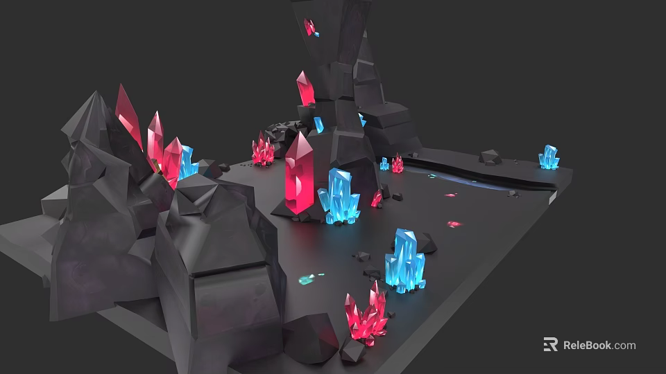 Rockery Stones 3D Model With Red And Blue Crystals Decorative Scene 3d model 