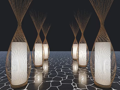 Outdoor Lights Woven Design Vase Shaped With White Luminous Glow On Cracked Pattern Floor 3d model