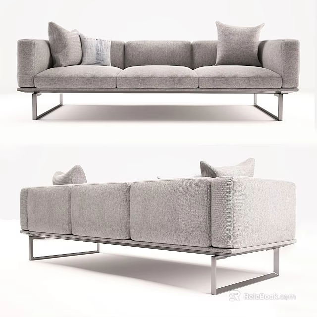 Modern Gray Three Seater Sofa With Fabric Upholstery Metal Frame And Cushions 3d model 