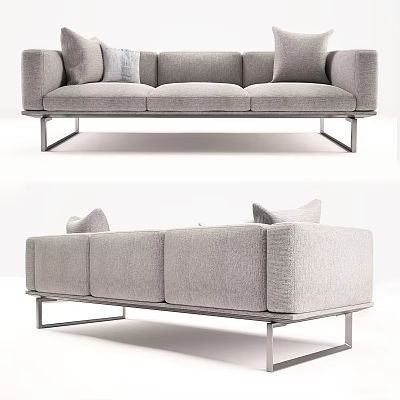 Modern Gray Three Seater Sofa With Fabric Upholstery Metal Frame And Cushions 3d model