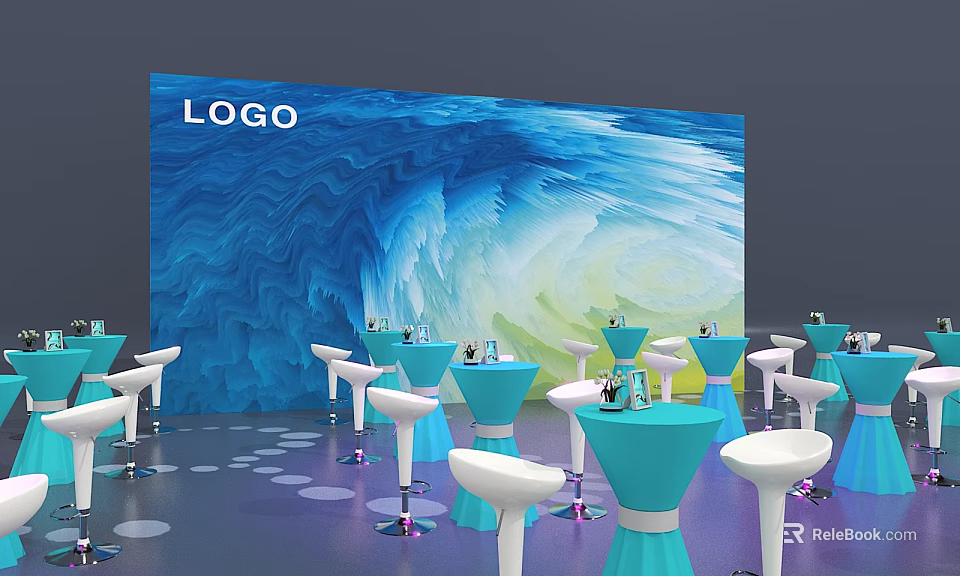 Bar Setting With Blue Wave Background Wall Blue White Bar Stools And Dot Floor Decorations 3d model 