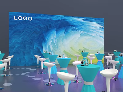 Bar Setting With Blue Wave Background Wall Blue White Bar Stools And Dot Floor Decorations 3d model