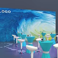 Bar Setting With Blue Wave Background Wall Blue White Bar Stools And Dot Floor Decorations 3d model