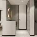 Modern Dining and Living Room Interior with Gray Walls Round Backlit Mirror and White Cabinets