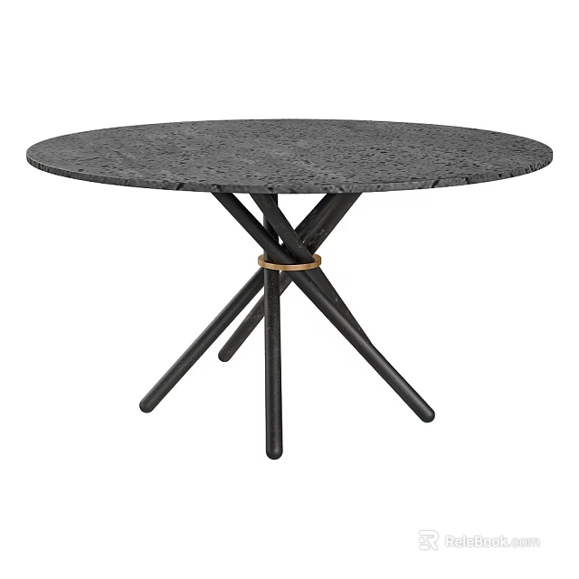 Round Textured Gray Coffee Table with Crossed Black Legs and Golden Ring 3d model 