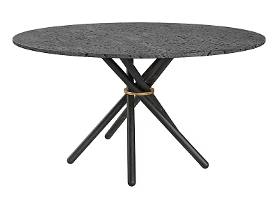 Round Textured Gray Coffee Table with Crossed Black Legs and Golden Ring 3d model