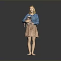 Woman in Blue Blouse and Floral Skirt Holding Small Dog Barefoot on Gray Background