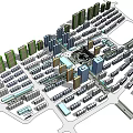 Modern Commercial Street Design with Circular Square Greenery Pedestrian Paths and Tall Buildings