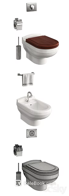 Modern Ceramic Toilet with Wall Mounted Towel Rack and Hanging Towel 3d model 