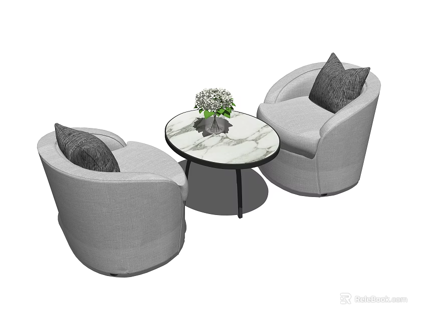 Gray Round Leisure Sofa Set with Marble Top Coffee Table and Flower Vase 3d model 