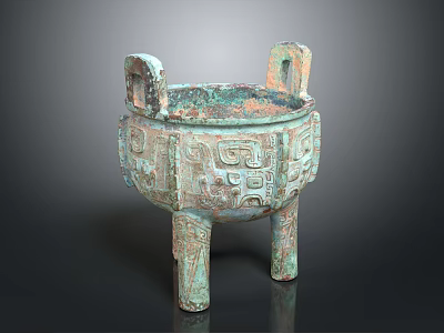 Ancient Bronze Sculpture with Intricate Patterns on Three Legs Ding Vessel Design 3d model