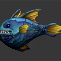 Cartoon Blue Fish Character With Yellow Fins Sharp Teeth And Purple Eyes
