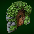 Lush Clover Covered Wooden Door With Stone Frame In Natural Setting