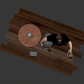 Man Standing On Wooden Plank Platform With Round Table Metal Canister And Red Stool