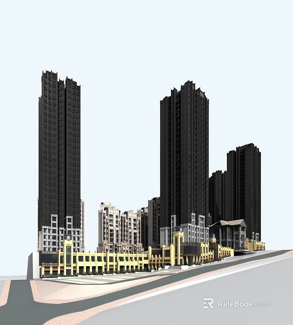 High Rise Residential Buildings Featuring Modern Black And White Exterior Design 3d model 