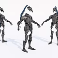 Futuristic Metal Armor With Blue Accents Shown From Three Different Angles 3d model