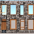 Rustic Stone Wall Featuring Multiple Wooden Framed Windows In Diverse Styles 3d model