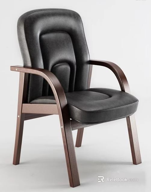 Modern Black Leather Office Chair With Wooden Arms And Comfortable Padded Seat 3d model 