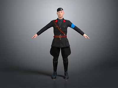 Uniformed Character In Black Uniform With Red Epaulets Blue Armband Brown Belt And Outstretched Arms 3d model