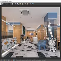 Modern Bubble Tea Shop Interior With Wooden Walls Marble Floor And Blue Seating