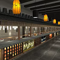 Traditional Chinese Restaurant Interior With Wooden Tables Chairs Pendant Lights And Decorative Paintings