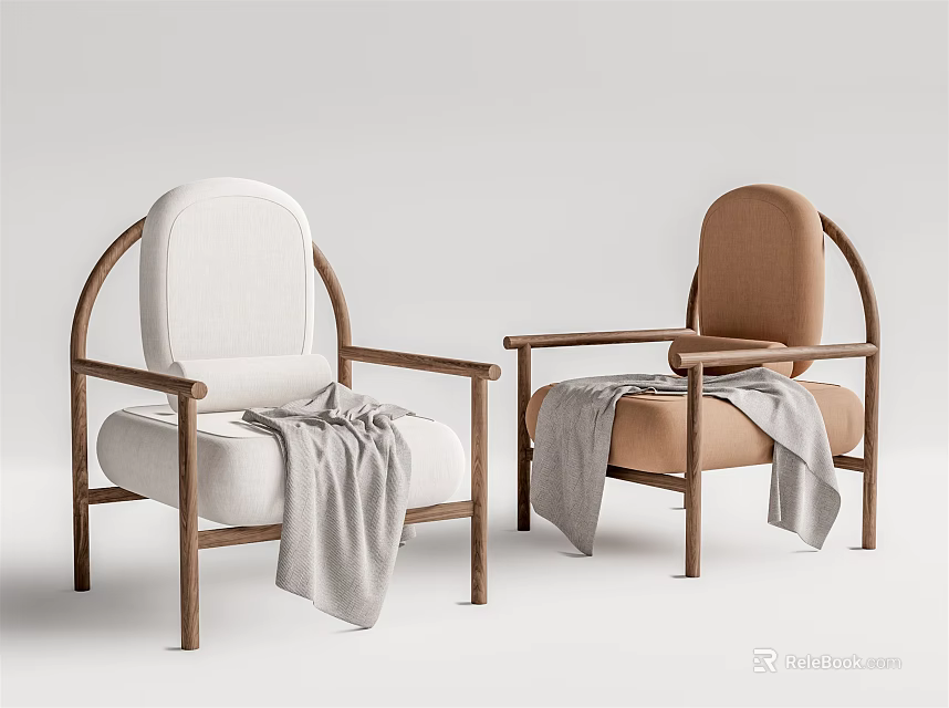 Modern Minimalist White And Brown Two Single Sofas With Wooden Frame And Gray Throw Blanket 3d model 
