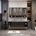 Modern Bathroom Vanity With Double Sinks Gray Countertop Black Cabinets And Mirror Lights