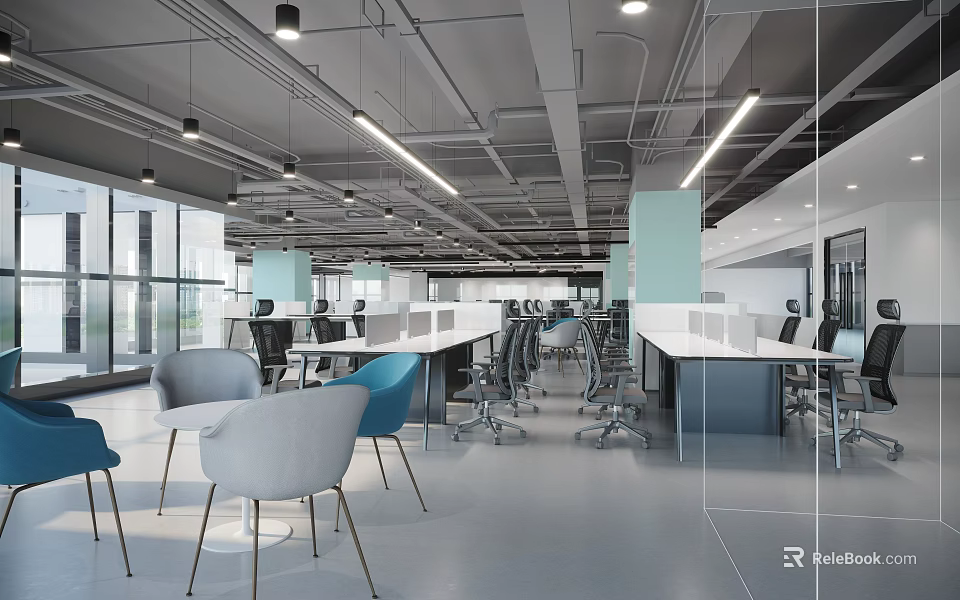 Open Public Office Space With Modern Desks Office Chairs Pendant Lights Large Windows And Glass Partitions 3d model 