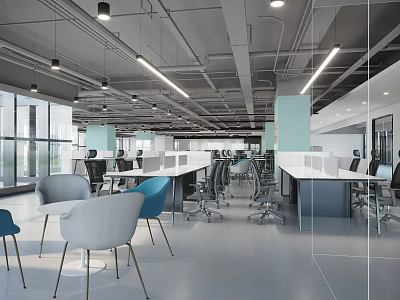 Open Public Office Space With Modern Desks Office Chairs Pendant Lights Large Windows And Glass Partitions 3d model
