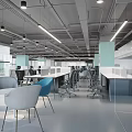 Open Public Office Space With Modern Desks Office Chairs Pendant Lights Large Windows And Glass Partitions