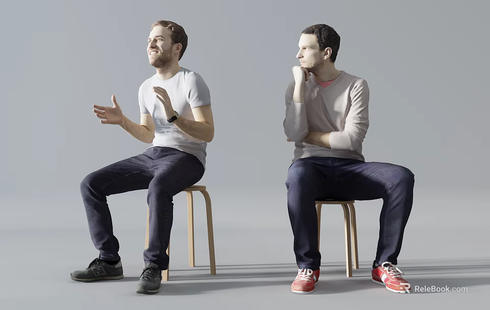 Two men sitting on chairs talking with hand gesture and listening thoughtfully against gray background 3d model 