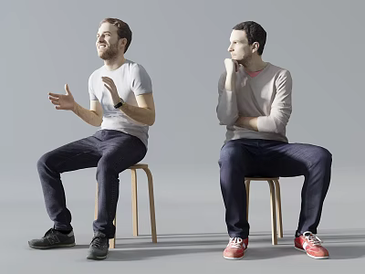 Two men sitting on chairs talking with hand gesture and listening thoughtfully against gray background 3d model