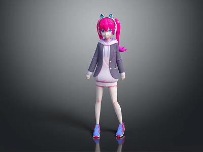 Cute Anime Girl Character With Pink Twin Tails Cat Ears And Hooded Jacket Outfit 3d model