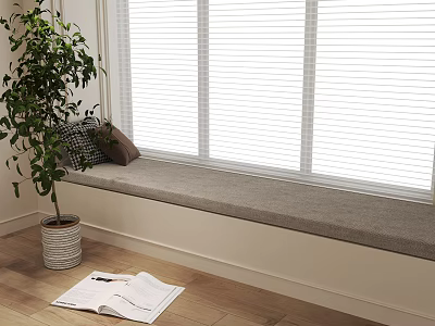 Stylish Pillow On Cozy Window Seat With White Blinds Green Plant And Magazine 3d model