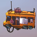 Yellow Bus With Luggage On Roof Side Stop Sign And Skull Graphic Decoration