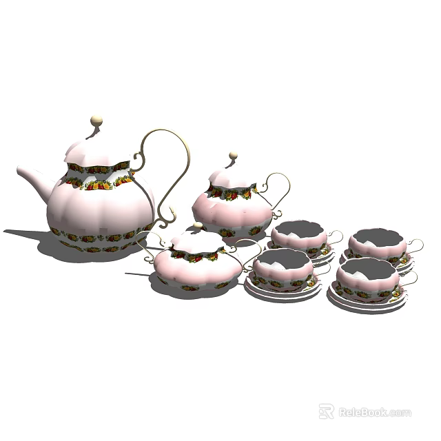 Pink Tea Set With Golden Decorations Green Patterns Teapot Teacups And Saucers 3d model 