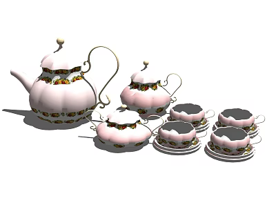 Pink Tea Set With Golden Decorations Green Patterns Teapot Teacups And Saucers 3d model